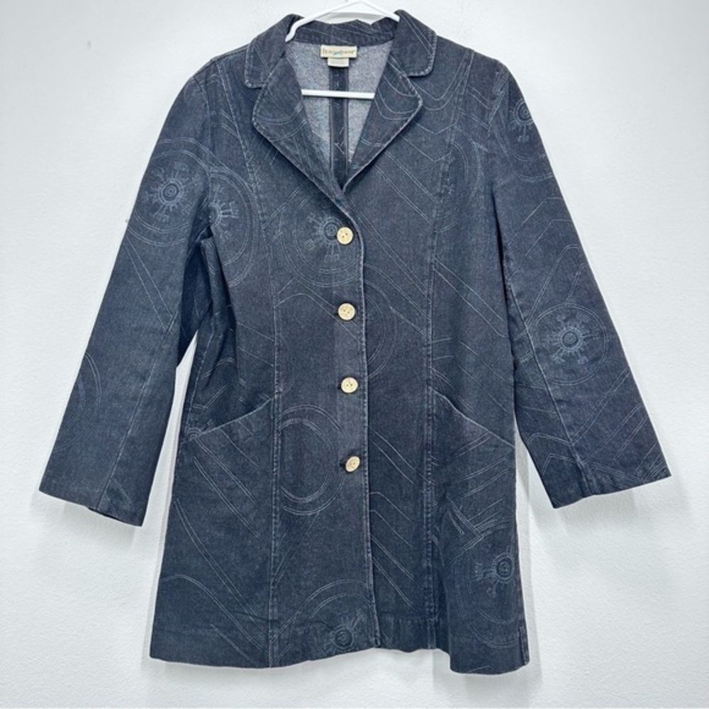 Vintage Dark Wash Denim Trenchcoat Swirl Eclectic 90s Women's Size Medium Petite